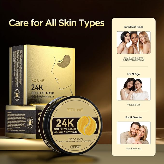24k Gold Eye Patches - Firming, Glowing & Hydrating Hydrogel Mask for Puffy Eyes, Dark Circles, Wrinkles, Fine Lines, Eye Bags Treatment, Korean Skincare Gifts for Women and Men, 60Pcs