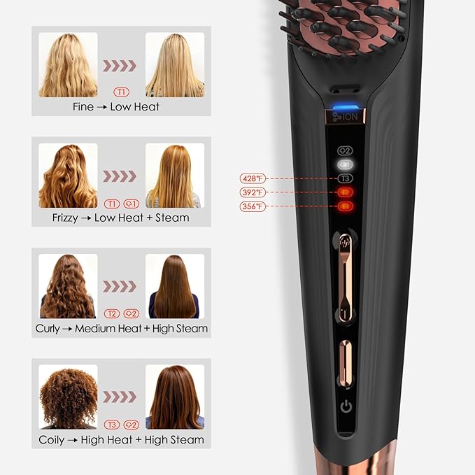 Tome Steam Hair Straightener Brush, 3-in-1 Ionic Straightening Comb with 2 Steam Levels, 3 Heat Settings (356°F–428°F), Dual Voltage 110-240V, Anti-Scald Design for Frizzy & Curly Hair Color Black