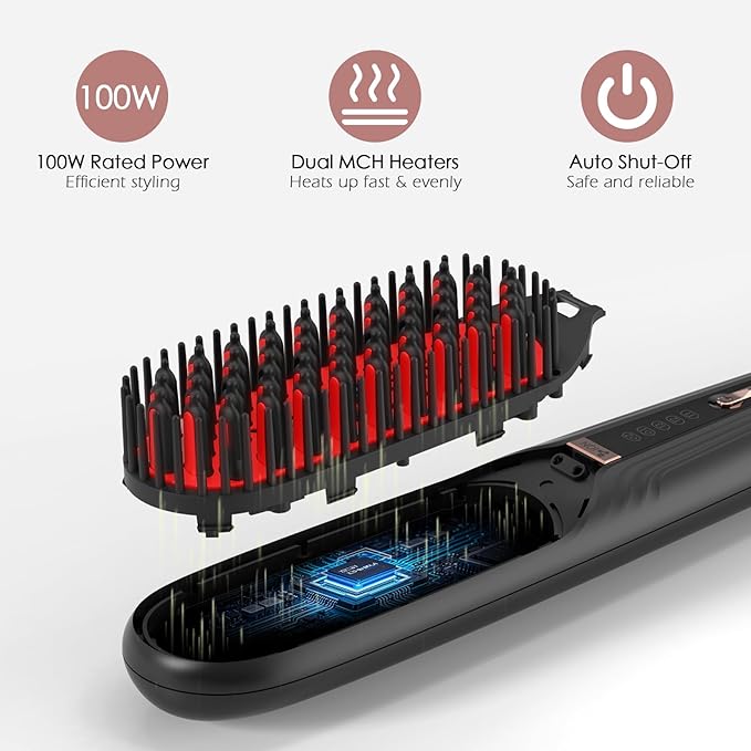 Tome Steam Hair Straightener Brush, 3-in-1 Ionic Straightening Comb with 2 Steam Levels, 3 Heat Settings (356°F–428°F), Dual Voltage 110-240V, Anti-Scald Design for Frizzy & Curly Hair Color Black