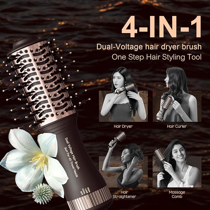 Travel Dual Voltage Hair Dryer Brush 4-in- 1,Portable Mini Hot Air Blow Dryer Straightener & Curler Brush,Titanium Oval Blowout Styler Volumizer Tools-Dark Chocolate