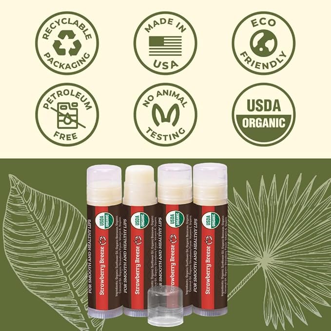 Earth's Daughter USDA Organic Lip Balm 4-Pack Stocking Stuffers Strawberry flavor - Beeswax, Coconut Oil, Vitamin E - Best Lip Repair Chapstick for Dry Cracked Lips.