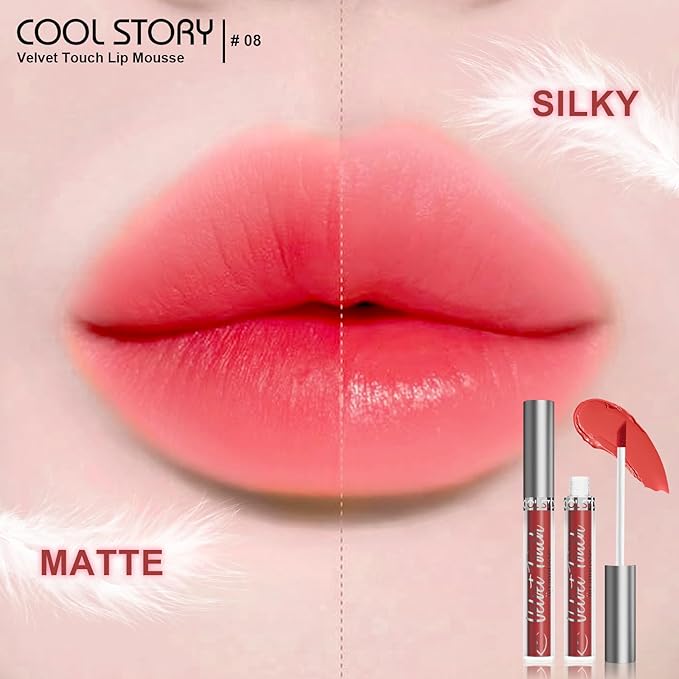 COOL STORY Velvet Lip Stain Mousse, Lip Tint Long-Lasting Waterproof Matte Finish (08)