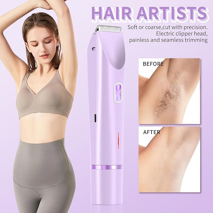2-in-1 Bikini Trimmer & Shaver for Women, All-in-One Rechargeable Electric Razor for Body & Face, Dual Head Design for Pubic, Underarm, Leg, Chin Hair Removal, IPX7 Waterproof(Purple)