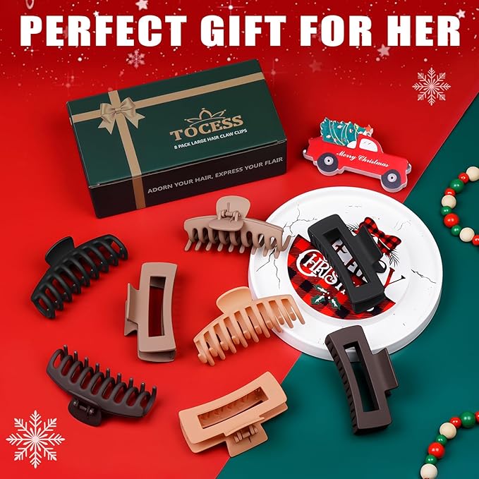 TOCESS 8 Pack Neutral Big Hair Claw Clips for Women Large Claw Clip for Thin Thick Curly Hair 90's Strong Hold 4.33 Inch Nonslip Matte Hair Clips