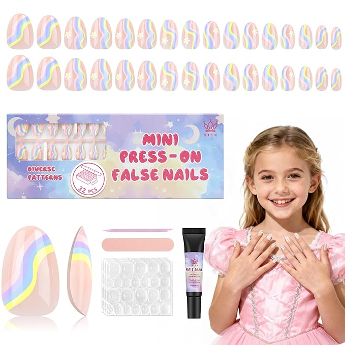 16 Sizes Press on Nails Kit for Kids - 32 Pieces French Almond Fake Nail Tips for Girls 8-12 Years Old with Jelly Nail Adhesives & No-Lamp Nail Glue, Birthday Christmas Gifts (Rainbow Flower)