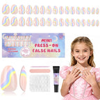 16 Sizes Press on Nails Kit for Kids - 32 Pieces French Almond Fake Nail Tips for Girls 8-12 Years Old with Jelly Nail Adhesives & No-Lamp Nail Glue, Birthday Christmas Gifts (Rainbow Flower)