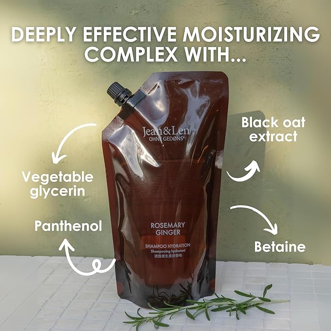 Jean & Len Shampoo Moisturizing Rosemary & Ginger, refill bag, for dry & brittle hair, cleanses & nourishes noticeably, spicy-fresh scent, without silicones and parabens, refill pack 20.29 Fl. Oz.