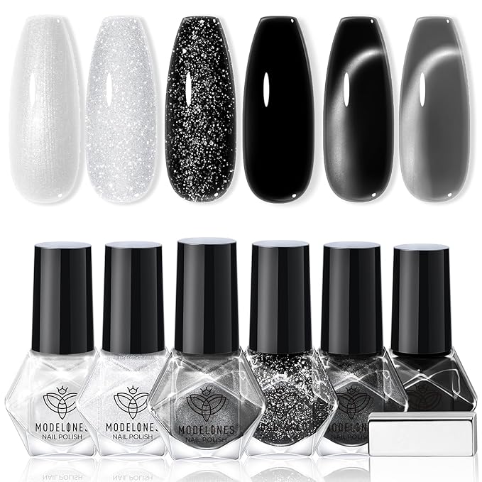 modelones Nail Polish Set, 6 Colors White Black Nail Polish with Magnet Glitter Cat Eye Magnetic Non Toxic Quick Dry Fingernail Polish Salon Home DIY Gifts For Women Girl