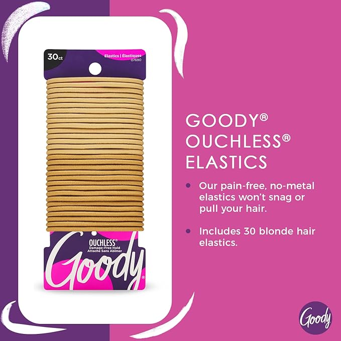 Goody Ouchless Hair Elastics – No Pull, No Breakage, Tangle-Free Hold for Thick, Curly, Coily & Textured Hair – 30 Count, Blonde, Long-Lasting Ponytail Holders for Women & Men