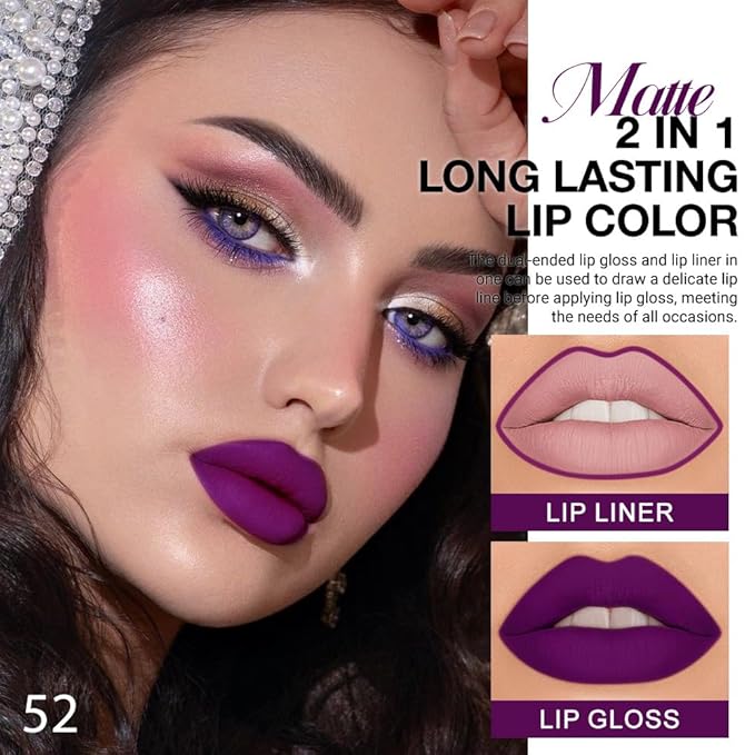 evpct 1Pcs Purple Matte Lip Liner & Liquid Lipstick Stain Makeup Set for Women, Purple Lip Liner Stain Long Lasting Waterproof Smudge Proof, Cruelty Free Lip Stick Makeup 24 hours originales, 52