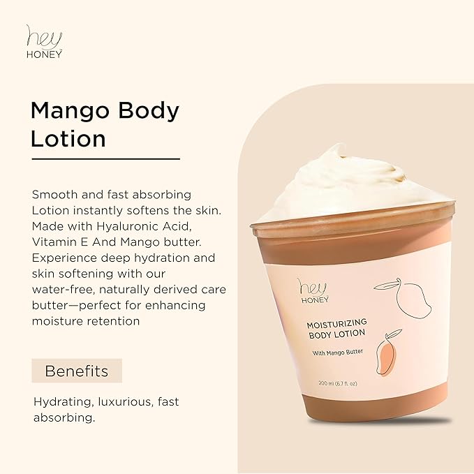 Hey Honey Skin Care Mango & Honey Water-Free Body Lotion - Hyaluronic Acid, Ceramides & Barrier Repair for Hands, Elbows & Dry Sensitive Skin | 24-Hr Hydration, Fruit Enzymes, Cruelty-Free | 6.7 oz