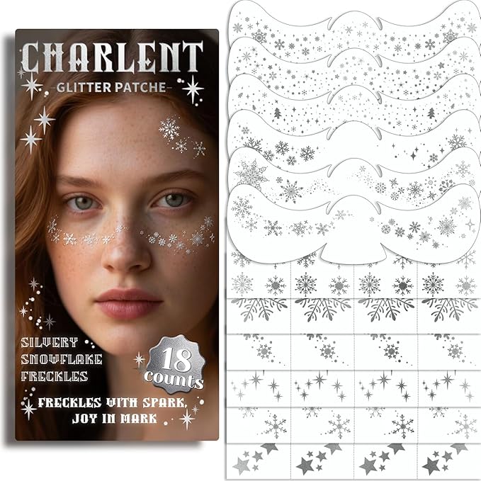 Glitter Snowflake Freckles Face Tattoos - 18 Sheets Waterproof Silver Temporary Makeup Patches for Women Kids Christmas Makeup Accessories