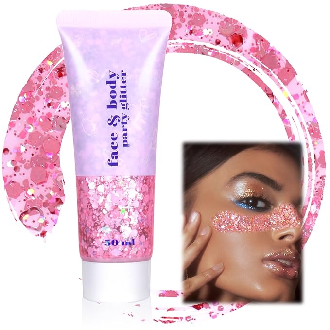 Boko 50ML Body Glitter Gel, Pink Chunky Glitter Gel for Face Hair Body Love Heart Makeup, Mermaid Face Glitter Sequins for Festival Music Concert Party Rave Accessories