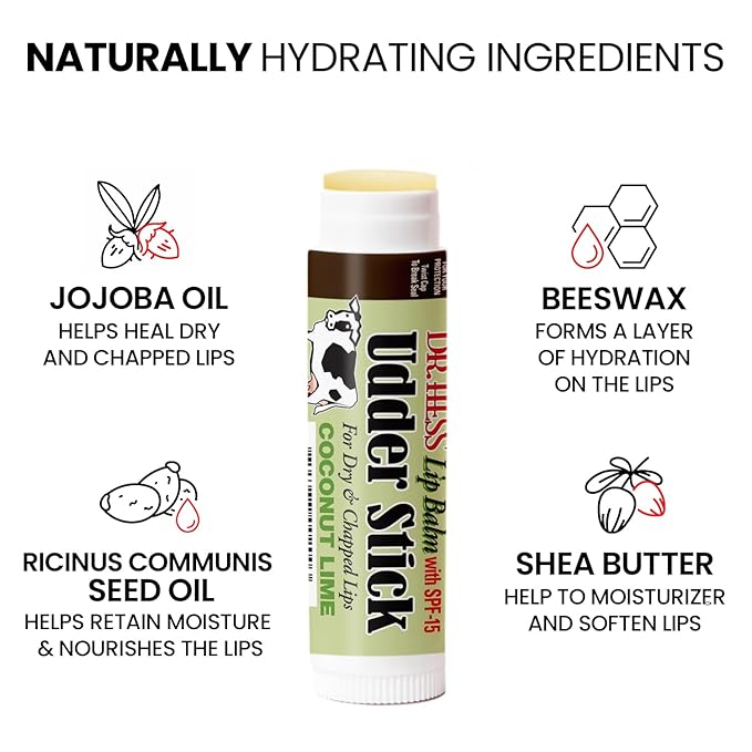 Dr. Hess Original Udder Stick SPF Lip Balm, Soothing Moisturizer Sun Screen Balm for Dry Lips with Jojoba, Beeswax & Shea Butter, Total Lip Care, Hydration & Repair, Coconut-Lime Flavor, 4 Pack