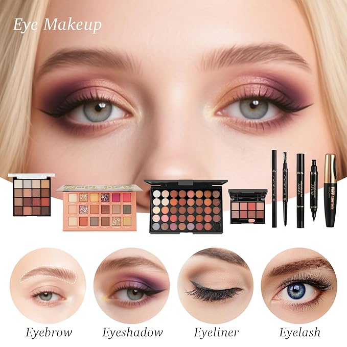 All in One Makeup Kit for Women Full Kit,Makeup Set for Women, Includes Eyeshadow Palette/Foundation/Lipstick/Eyeliner/Mascara/makeup Brush,Makeup Gift Set for Christmas & Birthday&Holiday&Everyday.