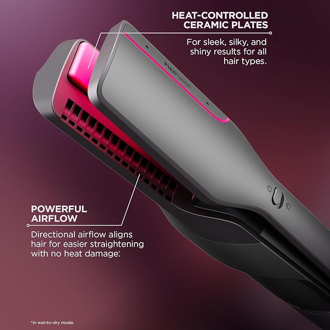 Shark FlexFusion Hair Straightener & Powerful Hair Dryer with Fusion Hair Brush, Ceramic Air Styler with Auto-Wrap Hair Curlers, Concentrator, & FrizzFighter, Ceramic Plates, Metallic Mist, HD651S