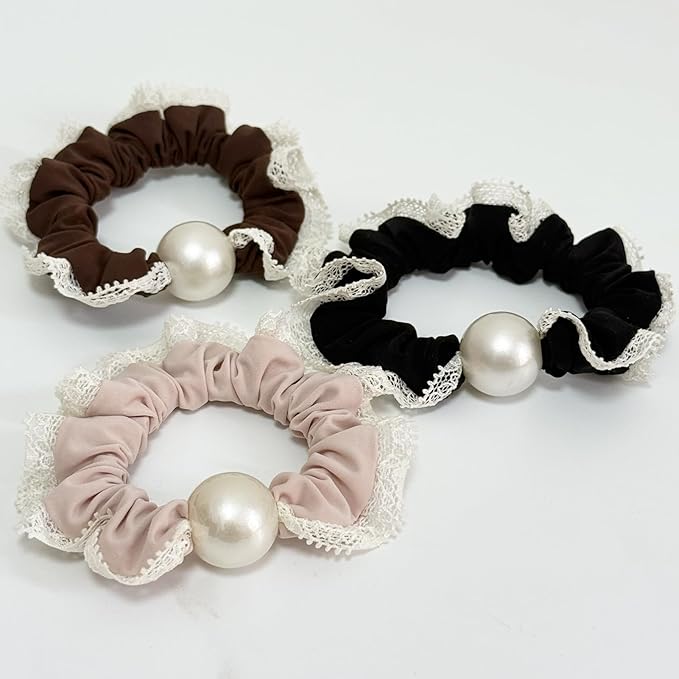 Silk Scrunchies Hair Ties 3Packs – Super Soft Thin Hair Scrunchies, Gentle on Hair, Faux Pearl Decorated Hair Accessories for Women