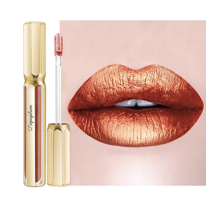 Bronze Lipsticks for Women Metallic Lipstick Long Lasting Non Stick Cup Lip Gloss, Metal Shine Lightweight Hydrating Full Coverage Lip Color, P103 Fantasy