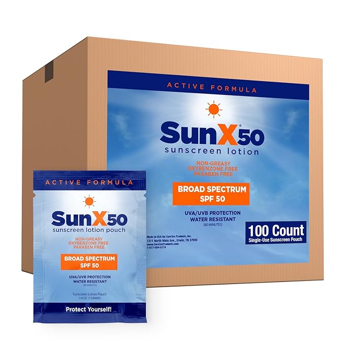 CoreTex Sun X 50 SPF Broad Spectrum Sunscreen Packets - Bulk Pack of 100 Paraben, Oxybenzone, Octinoxate, & Oil Free Sunscreen - No White Cast and Water Resistant Up to 80 Minutes