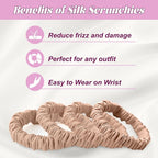 4Pcs 100% Silk Scrunchies Hair Care, Mulberry Silk Skinny Hair Ties Elastic, 22 Momme Mulberry Hair Ties Scrunchies Set Women Curly Thin Hair Champagne