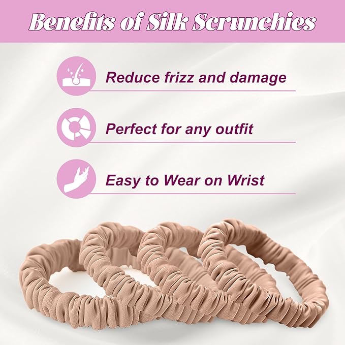 4Pcs 100% Silk Scrunchies Hair Care, Mulberry Silk Skinny Hair Ties Elastic, 22 Momme Mulberry Hair Ties Scrunchies Set Women Curly Thin Hair Champagne