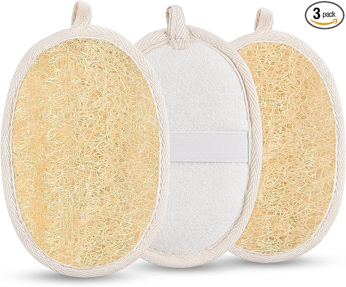 3 Pack Natural Loofah Exfoliating Body Scrubber, Exfoliating Loofah Sponges, Face Exfoliator Scrubber, Facial Loofah for Men and Women