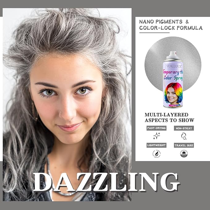 Gray Hair Spray Color Temporary, Silver Hair Color Spray 1-Day Hair Dye Colored for Kids Women Men, Grey Hair Wax Color Washable, Hair Paint Halloween Fast-Drying 4.06 Fl Oz