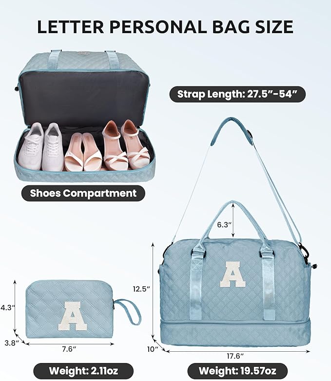 Gifts for Kids-Initial Duffle Bag with Shoe Compartment, Personalized Girls Weekender Bag, Monogram Overnight Bag for Women, Letter Travel Bag with Makeup Bag，Gift for Women Friend (Letter A)