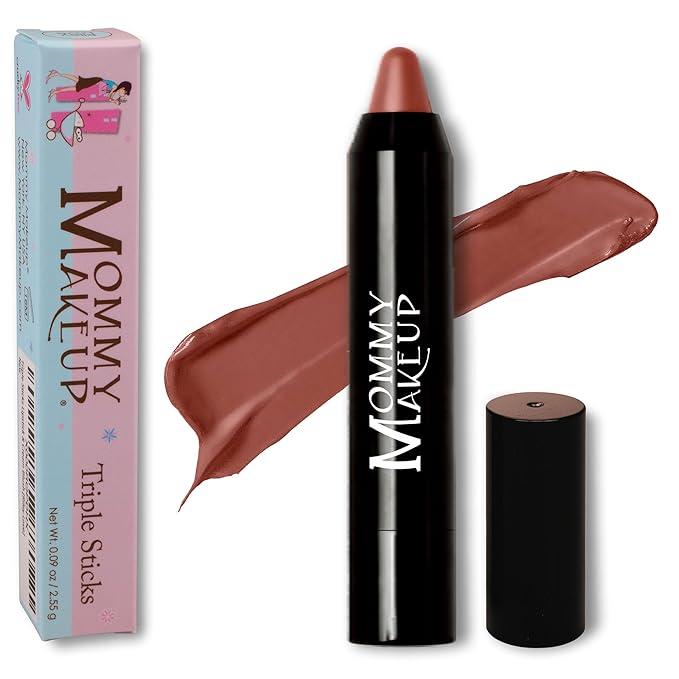 Mommy Makeup Triple Sticks Lipstick, Cream Blush & Treatment All-In-One with Shea & Cocoa Butter - Soft & Creamy Moisturizing Lip Crayon For Lips & Cheeks (Ginger Spice)