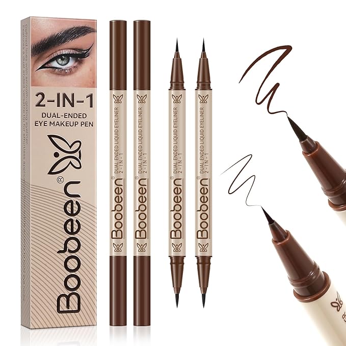 Boobeen 2pcs Liquid Eyeliner，Dual-Ended Eye Liner with Thick Tip and Precise Brush Tip，Waterproof Black Liquid Liner Pen，Matte Finish，All Day Wear，Smudge-proof,Brown