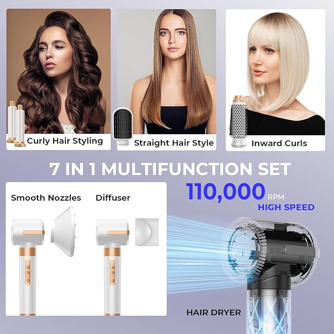 Hair Dryer Brush,Blow Dryer Brush with Attachments,110000 RPM Curly Twist 7 in One Air Style, Professional Ionic Hair Styling Tool, Left & Right Air Curler, Volumizer