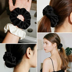 Silk Scrunchies for Women, 100% Mulberry Silk Hair Ties No Damage, Gentle No-Pull Elastic Ponytail Holders, 1Pc (Black)