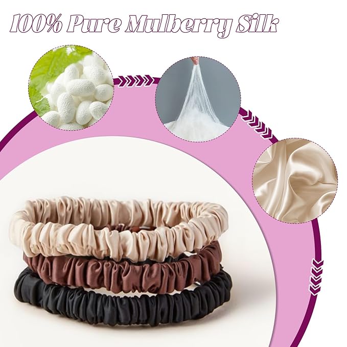 4Pcs Mulberry Silk Scrunchies Set, Silk Hair Ties Elastic for Women, Skinny Scrunchies Reduces Breakage for All Hair Types Srevela