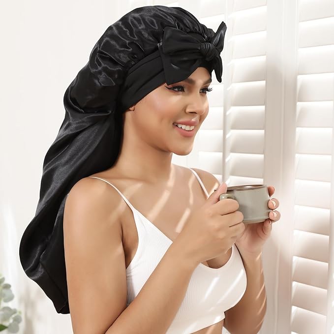 AWAYTR Long Satin Bonnet for Braids - Elastic Silk Hair Bonnets for Sleeping Night Cap Stretchy Tie Band for Women（Black）