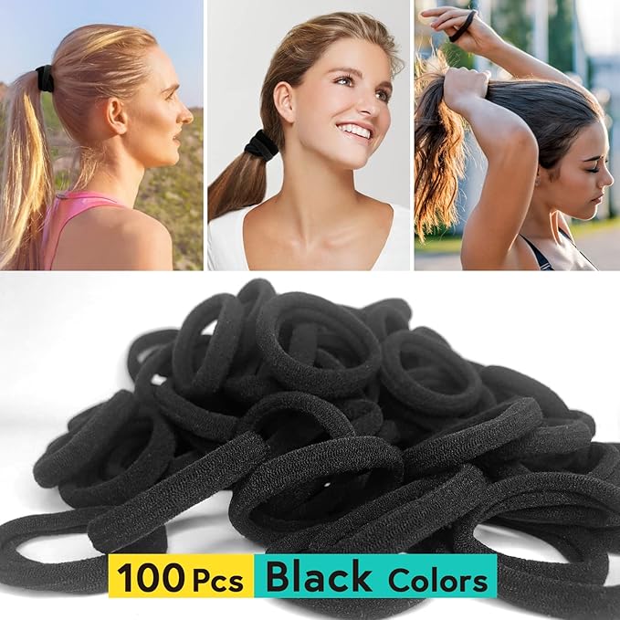 MARY LAVENDER 100pcs Thick Seamless Hair Ties for All Hair Types Black Color Hair Elastics Ponytail Holders Hair Scrunchies No Damage for Women Girls 100pcs