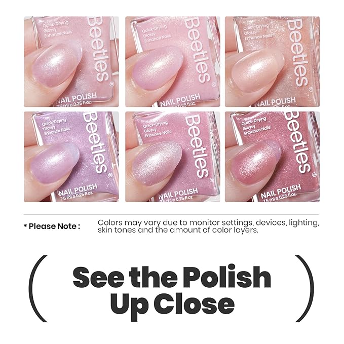 Beetles Pink Nail Polish Set, 6 Colors Glitter Quick Dry Nail Polish Kit Sly Moonlit Fairy Fingernail Polish Gifts for Women Salon DIY Manicure Kit