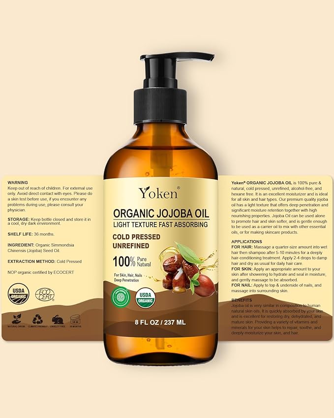 Organic Jojoba Oil Glass Bottle 8 fl oz, USDA Certified 100% Pure & Natural Jojoba Oil for Hair, Skin & Face, Cold Pressed Unrefined Hexane Free, Deeply Moisturizing Body Serum Oils for Gua Sha