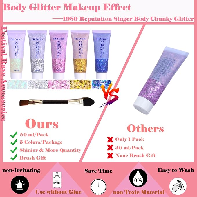 Body Glitter Face Glitter Gel: Singer Concerts Disco Festival Rave Accessories Face Glitter Makeup Chunky Sequins Mermaid Face Body Hair Glitter Gel (White&Silver&Pink&Gold&Blue)