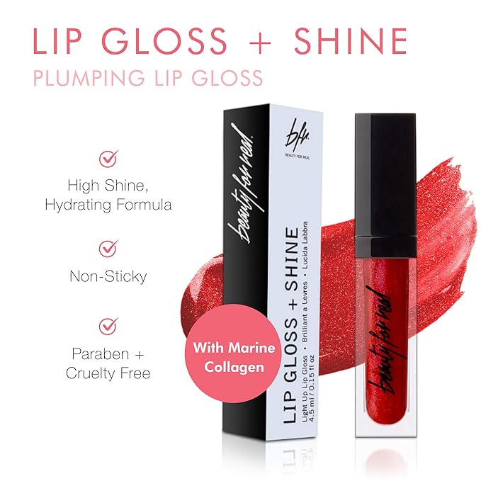 Beauty For Real Lip Gloss + Shine, Light My Fire - Opaque Everyday Red - Non-Sticky Plumping & Hydrating Gloss - Light & Mirror In Cap - Contains Marine Collagen - 0.15 fl oz