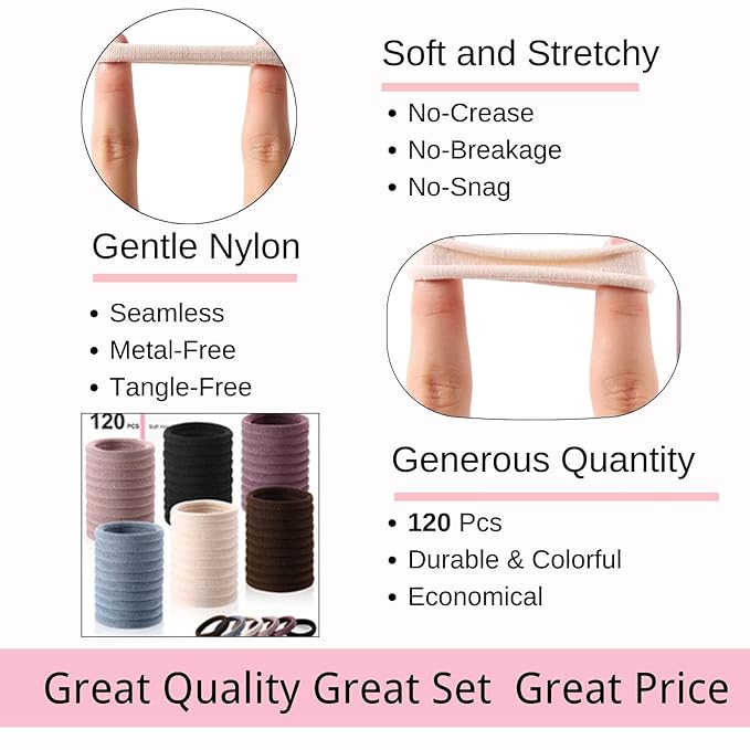 LuSeren 120PCS Soft Hair Ties for Women – No Damage Ouchless Nylon Hair Accessories, Seamless Fabric Ponytail Holders for Daily Use (Natural Colors)