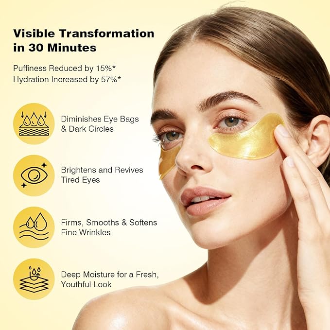 Under Eye Patches 60PCS, 24K Gold Collagen Eye Mask for Puffy Eyes & Dark Circles, Hydrating Eye Pads with Hyaluronic Acid, Vitamin C & Castor Oil, Anti-Aging Under Eye Treatment to Smooth Fine Lines