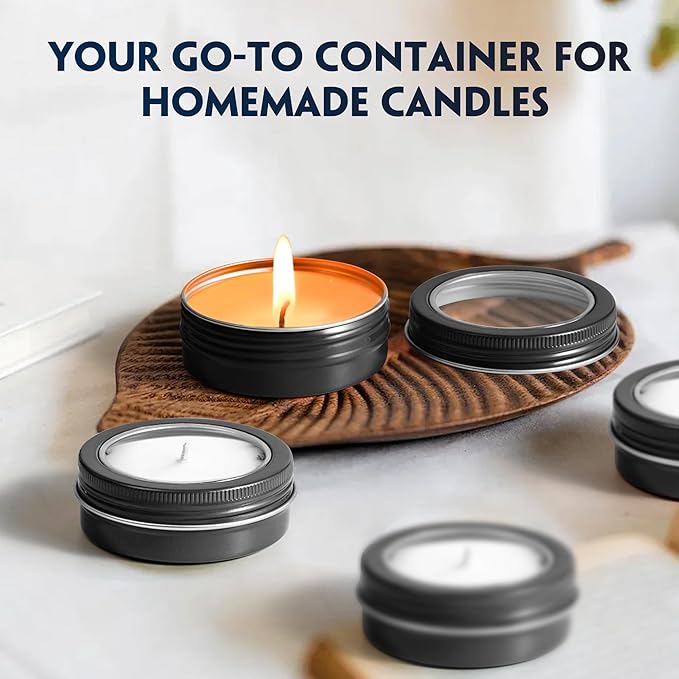 24 Pack 2 Ounce Screw Top Aluminum Tin Jar with Screw Clear Lid and Blank Labels, Refillable 60ml Metal Containers for Lip Balms, Candles, Salves, Spices, Crafts (Black)