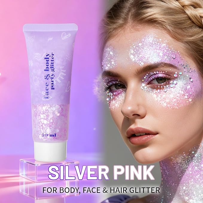 DAGEDA Silver Pink Body Glitter Gel, Holographic Face Glitter Rave Party Accessories, Chunky Glitters for Hair Eyes Nails, Cosmetic Laser Powder Festival Sequins Paint Makeup
