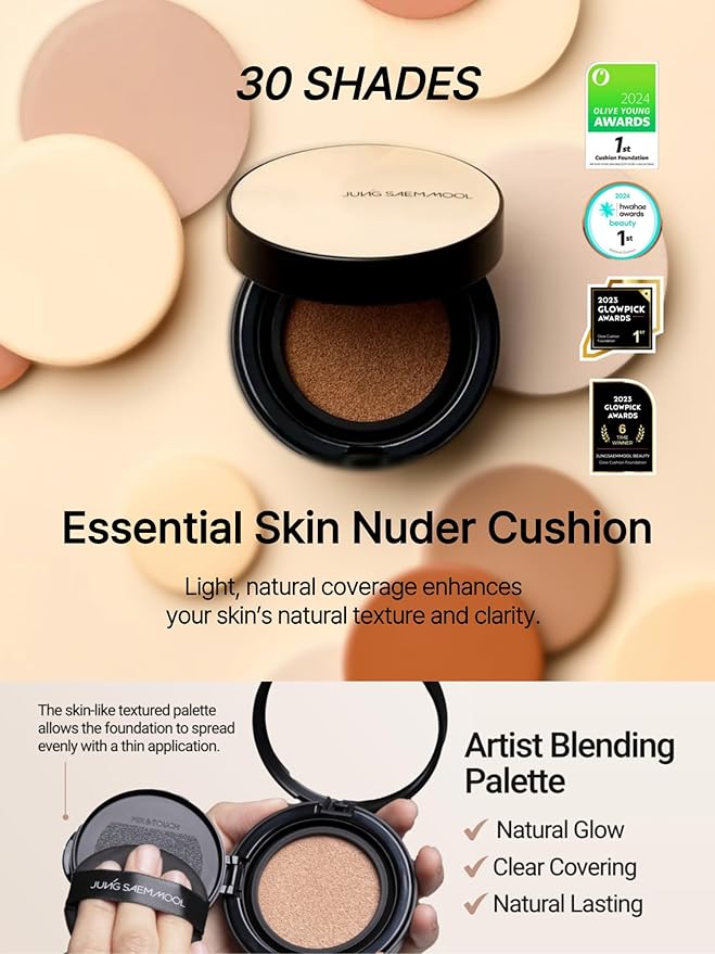 JUNG SAEM MOOL Essential Skin Nuder Cushion 22W Sand 0.49 Fl Oz, No Refill, Natural Radiant Finish Cushion Foundation with Buildable Coverage, Lightweight Texture, Korean Foundation Makeup