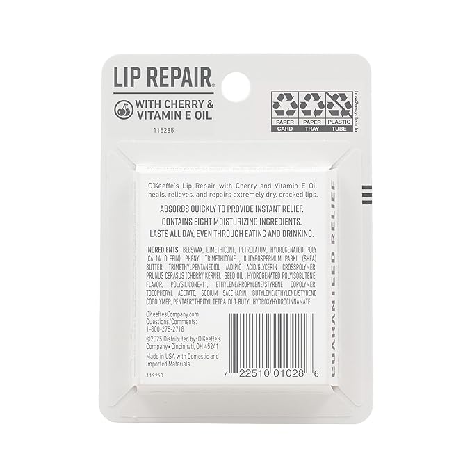 O'Keeffe's Lip Repair Lip Balm with Cherry & Vitamin E Oil - Stick (3 Pack) - Moisturizer for Extremely Cracked, Dry Lips
