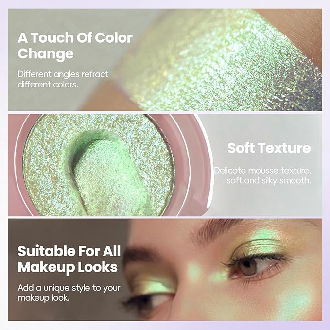 Holographic Light Green Glitter Eyeshadow, Multichrome Shimmer Color Shifting Single Eyeshadow, Chameleon Metallic Iridescent Eye Shadow Palette Bouncy Texture Fairy Highlighter Makeup #5