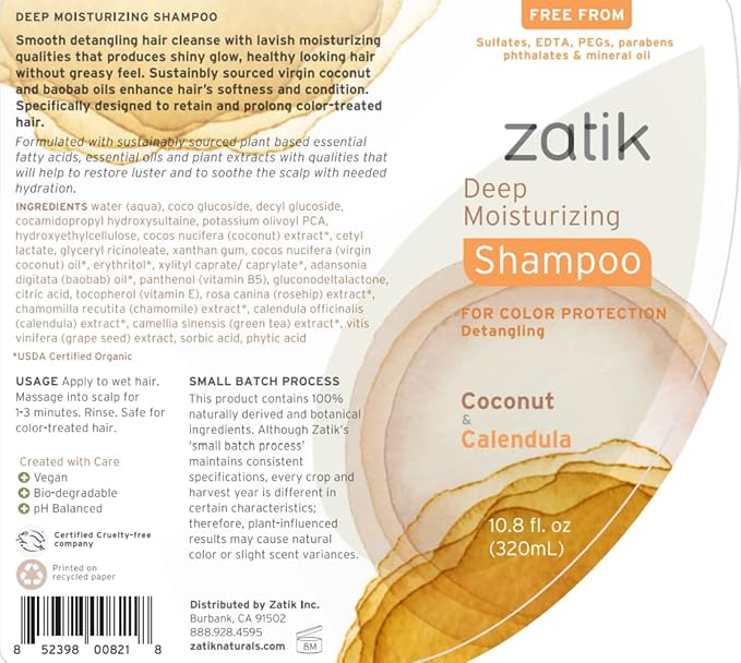 Zatik Naturals - Deep Moisturizing Shampoo + Conditioner Set - Coconut & Calendula, for Colored, Dry damaged Hair, Biodegradable, pH Balanced, FREE from Parabens, fragrances, 10.8 fl oz (One of Each)