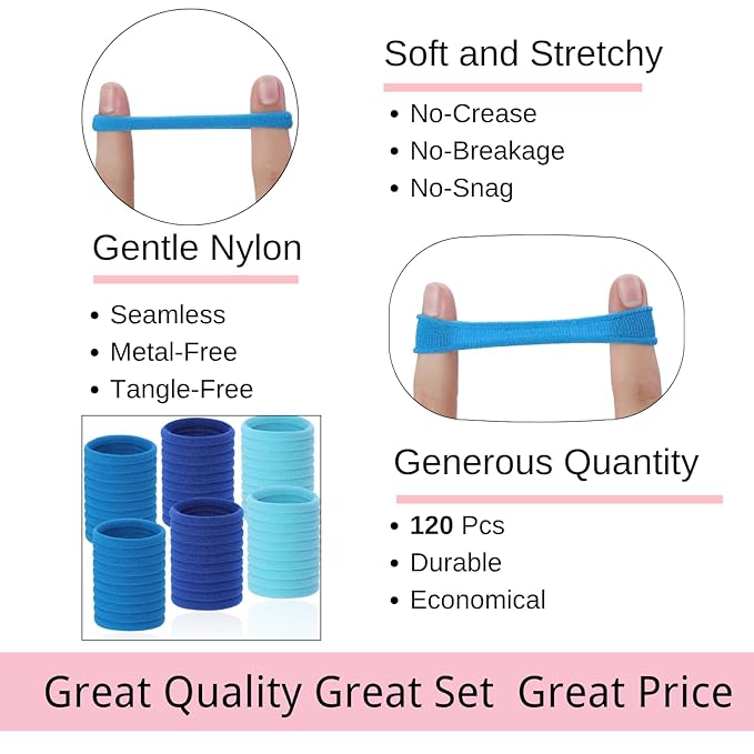 LuSeren 120 Pcs Blue Hair Ties for Women, No Damage Soft Seamless Nylon Hair Elastics for Thick Hair, Ponytail Holders, 3 Gradient Blue Hair Accessories