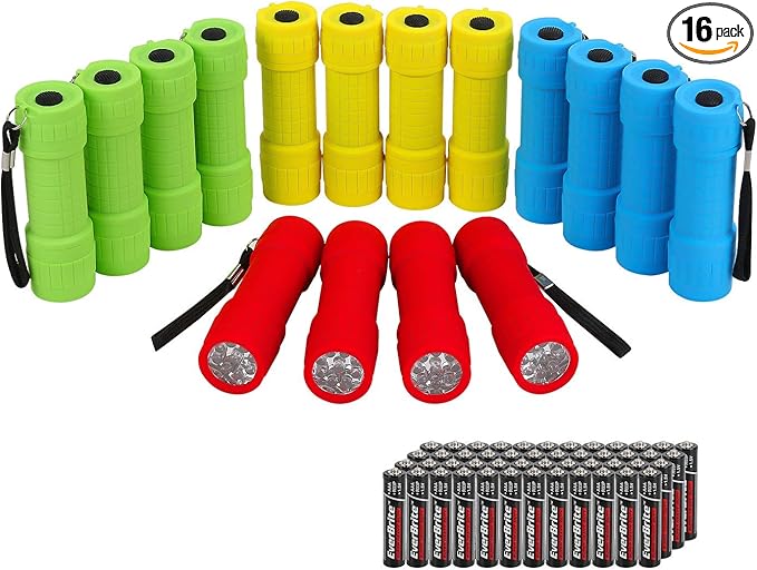 EverBrite 16-Pack Mini LED Flashlight Set, Small Flash Lights Assorted 4 Colors, 48 AAA Batteries Included, for Emergency, Camping, Hiking, Outdoor Activities, Bulk Holiday Gifts