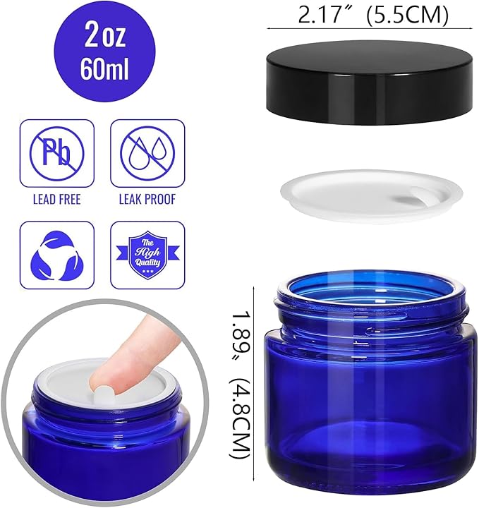 24 Pack 2 oz Round Blue Glass Cosmetic Jars with Inner Liners and Black Lids, Travel Jars, Refillable Containers for Makeup, Cream, Lotion, Sugar Scrubs, Eye Shadow, Slime, Paint, Jewelry